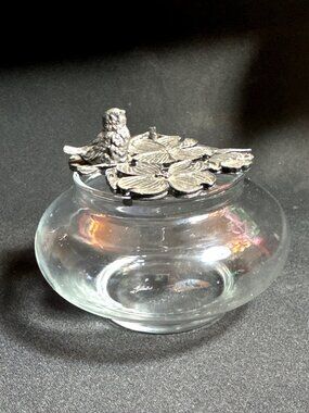Vintage Metzke Potpourri Glass Jar Pewter Bird Figure Dogwood Flower Lid Topper
